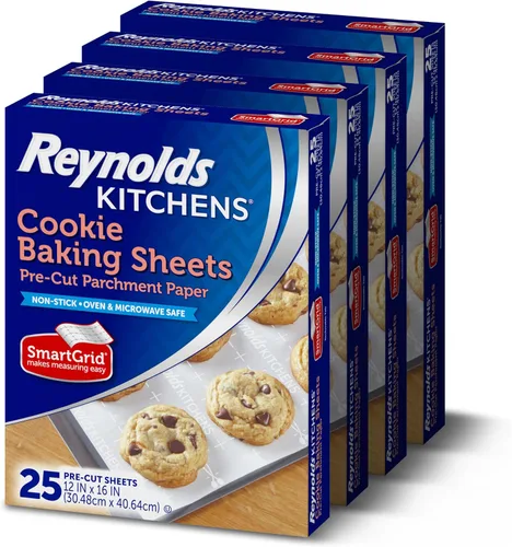 Reynolds Kitchens, hojas para hornear galletas, papel vegetal precortado, 25 hojas (paquete de 4), 100 hojas en total