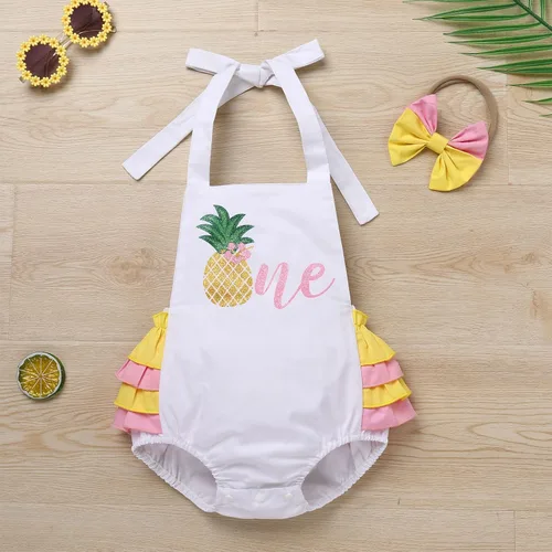 Miniatura 30 de IMEKIS Conjunto de ropa para bebé niña de primer cumpleaños con diadema de verano para sesión de fotos