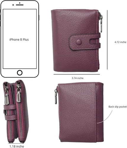 Miniatura 6 de Bveyzi - Billetera pequeña de cuero suave para mujer con bloqueo RFID, tarjetero para damas con doble bolsillo con cremallera