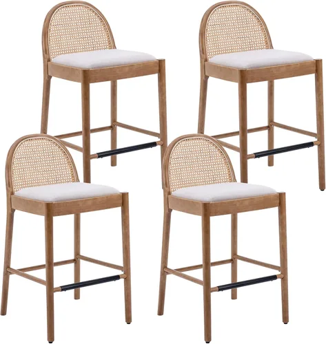 Miniatura 10 de DUOMAY Juego de 2 taburetes de mostrador modernos de ratán beige, 26 pulgadas de altura - Taburetes de bar de madera tapizados en lino con respaldo