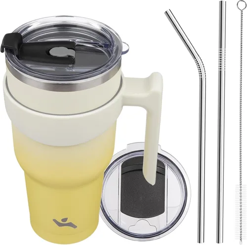 Miniatura 66 de Konokyo - Vaso de 10 onzas con asa y 2 popotes, 2 tapas, botella de agua aislada de acero inoxidable, taza de viaje reutilizable, color verde militar