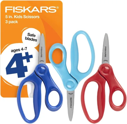 Fiskars Tijeras de punta puntiaguda de 5 pulgadas para niños de 4 a 7 años (paquete de 3) - Tijeras para la escuela o manualidades - Suministros de