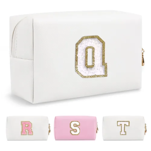 Miniatura 285 de Pequeña bolsa de maquillaje personalizada con inicial A-Z Preppy Patch, bolsa de cosméticos de viaje de felpilla blanca con cremallera, bonita bolsa