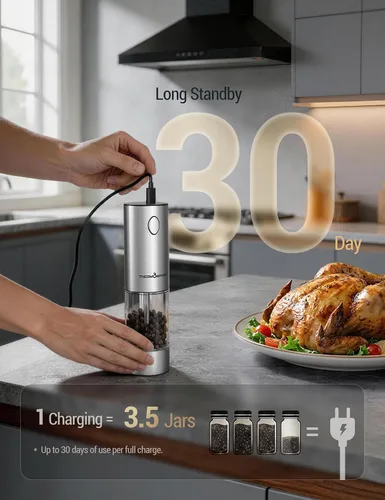 Miniatura 4 de ThermoMaven Juego de molinillo eléctrico de sal y pimienta de mayor capacidad, 3.7 fl oz, mezclador de sal y pimienta recargable con luz LED