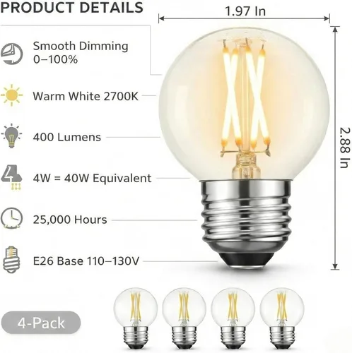 Miniatura 2 de Bombillas LED G16.5, regulables, 4 W (equivalente a 40 W), blanco cálido 2700 K, 400 lúmenes, base media E26, estilo de filamento vintage, sin