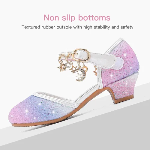 Miniatura 5 de Furdeour Sandalias para niñas con lazo brillante, zapatos de vestir de princesa con tacones altos de cristal, para fiestas, bodas, flores, zapatos
