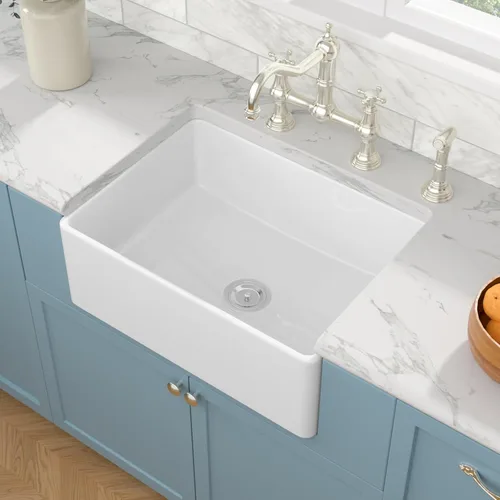Miniatura 16 de Sarlai - Fregadero de cocina de granja blanco de 33 pulgadas, fregadero de 84 x 51 cm con delantal frontal de cerámica de porcelana vítrea