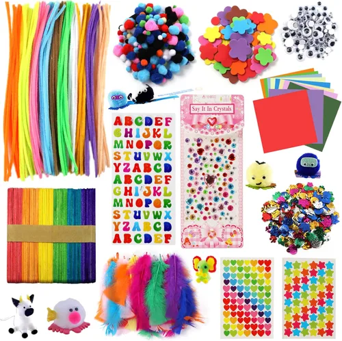 DOITEM Suministros de manualidades con limpiapipas, más de 1000 piezas, incluyendo limpiapipas, ojos googly, pompones, plumas, palos, lentejuelas,