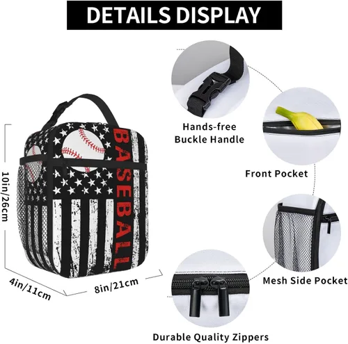 Miniatura 6 de Lonchera de béisbol con bandera estadounidense para hombres y mujeres, pequeña bolsa de almuerzo para oficina, trabajo, picnic, reutilizable, 15