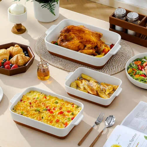 Miniatura 4 de MALACASA Juego de 3 platos de cacerola para horno con parrillas para asar, juego de platos de cerámica para hornear, juego de platos para hornear