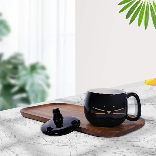 Miniatura 5 de Koolkatkoo Bonita taza de café de gato con tapa para teléfono celular, taza de porcelana de cerámica única para amantes de los gatos, regalo dorado