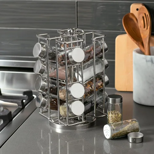 Miniatura 5 de RSVP International Juego de estante giratorio cromado, incluye 16 tarros de especias 9 x 11.5 pulgadas Mantiene sales, pimientos, comino, ajo
