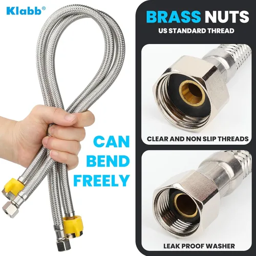 Miniatura 3 de Klabb Línea de suministro de grifo trenzado de acero inoxidable de 24 pulgadas, conector FIP de 1/2" x compresión de 3/8", conector de agua flexible