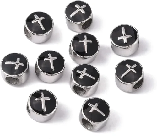 LiQunSweet 10 cuentas europeas de acero inoxidable esmaltadas negras de 0.197 in con agujero grande, cuentas planas redondas cruzadas espaciadoras