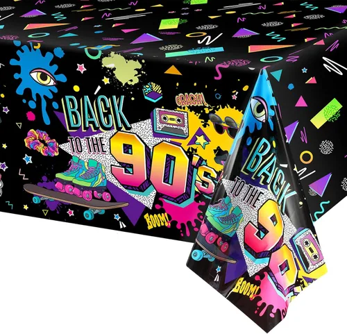Miniatura 8 de Tegeme 3 manteles de plástico para mesa de fiesta de los años 90, mantel de fiesta de cumpleaños de los años 90, suministros de hip hop de los 90
