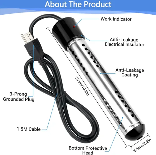 Miniatura 7 de Calentador de agua de inmersión de 2000 W con protector 304 SS calienta rápidamente hasta 5 galones de agua en minutos, calentador de agua portátil