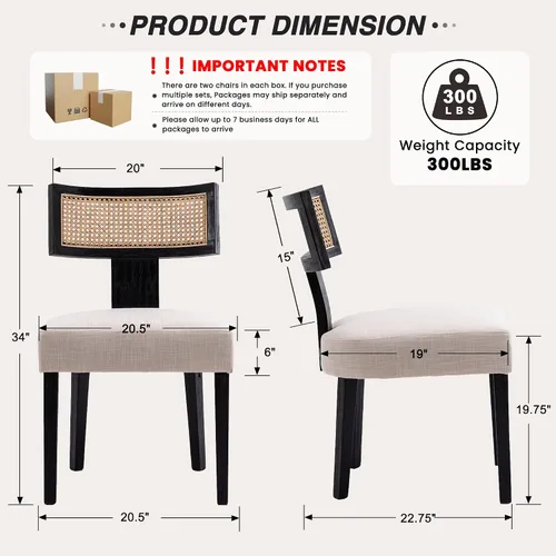 Miniatura 2 de HNY Juego de 2 sillas de comedor de ratán modernas de mediados de siglo, silla decorativa tapizada de lino de granja, sillas de cocina con respaldo