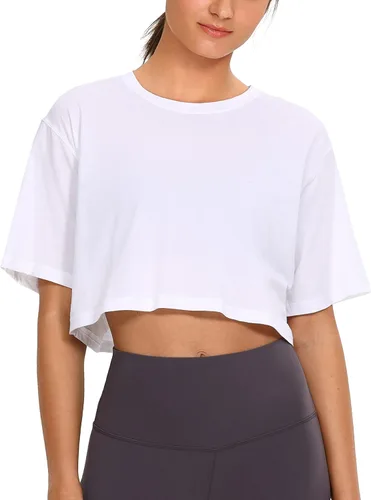 CRZ YOGA - Camiseta corta para mujer, de algodón Pima, ombliguera de manga corta para entrenamiento y yoga, de estilo informal, camiseta deportiva