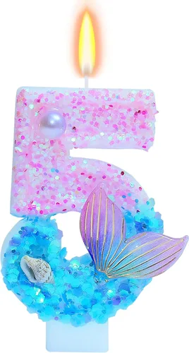 Miniatura 9 de Velas de cumpleaños con temática de sirena, número 4 para niñas, suministros para fiesta de cumpleaños con purpurina, decoración de fiesta