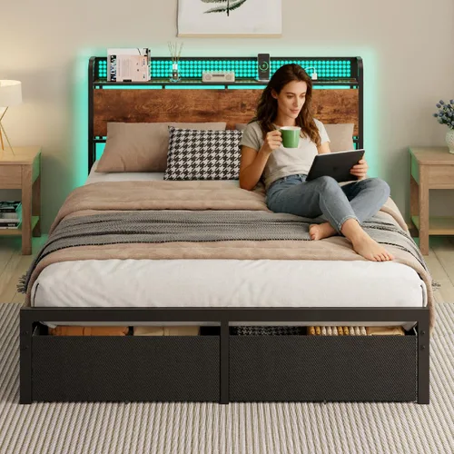 Miniatura 6 de Furnulem Base de cama tamaño Queen con almacenamiento de cabecero, base de cama de plataforma tamaño Queen con 2 cajones, estación de carga y luces
