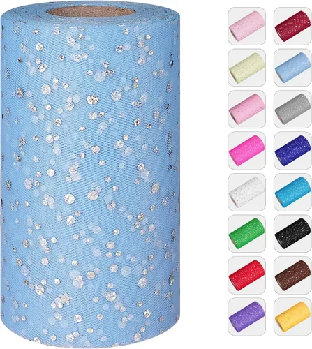 Miniatura 9 de Rollos de tul con purpurina, 6 pulgadas por 50 yardas (150 pies) de tela de tul de tela de tul para faldas tutú, costura, cumpleaños, boda, Azul real
