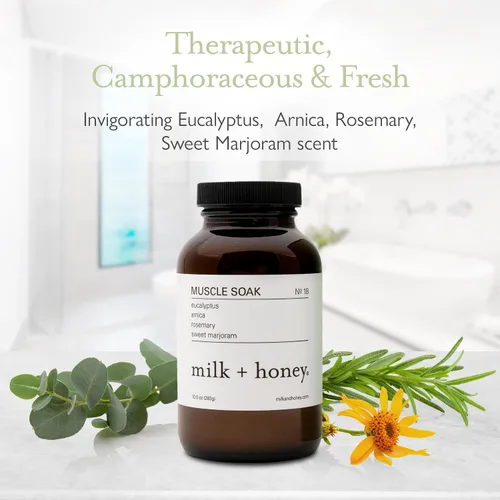 Miniatura 3 de milk + honey Muscle and Bath Soak No. 18, baño hidratante de sal de Epsom con eucalipto, árnica, romero y mejorana dulce, 10 onzas