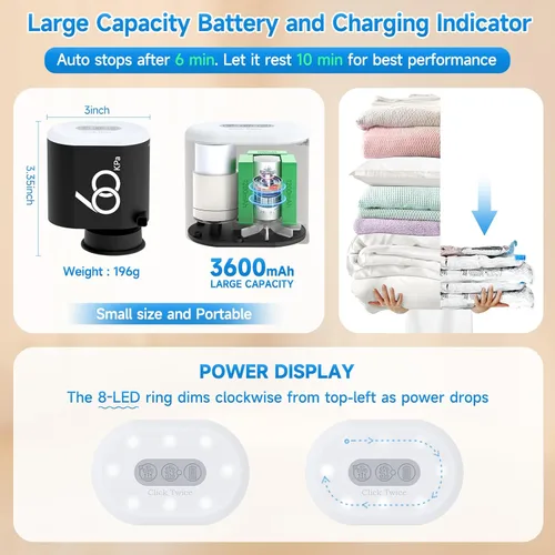 Miniatura 3 de Bomba eléctrica inalámbrica de 60 Kpa para bolsas de almacenamiento al vacío, bomba de aire eléctrica recargable de 3600 mAh para varias bolsas