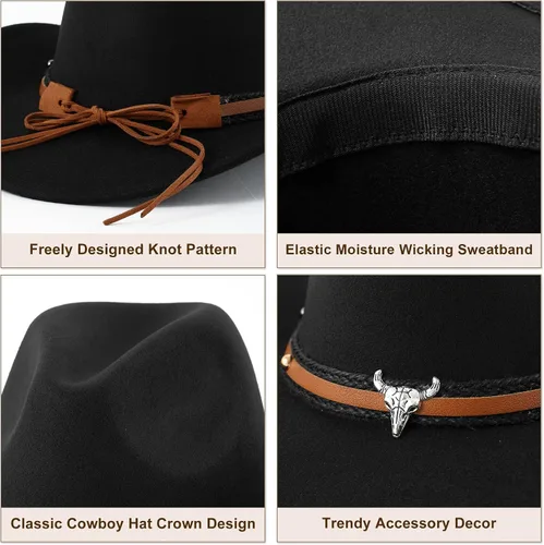 Miniatura 5 de DOCILA Sombrero de vaquero occidental unisex de fieltro de piel sintética, sombreros de vaquera americanos, sombrero de Rodeo de ala ancha