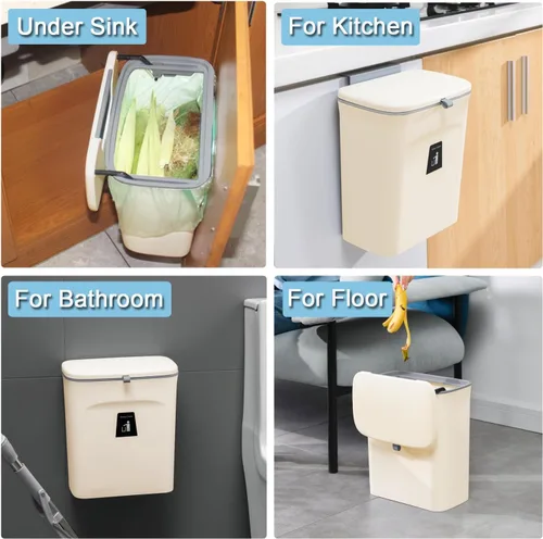 Miniatura 6 de Tiyafuro Cubo de compost de cocina de 2.4 galones para encimera o debajo del fregadero, cubo de basura pequeño colgante con tapa para armario, baño