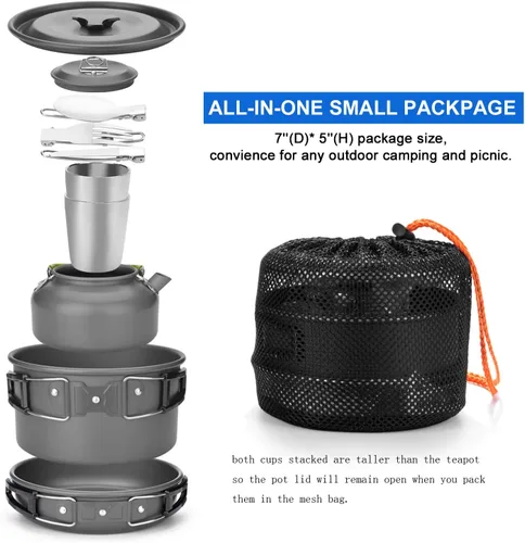 Miniatura 3 de Odoland Kit de utensilios de cocina para camping, olla ligera con 2 tazas, kit de cuchara de tenedor de acero inoxidable, gris para mochileros