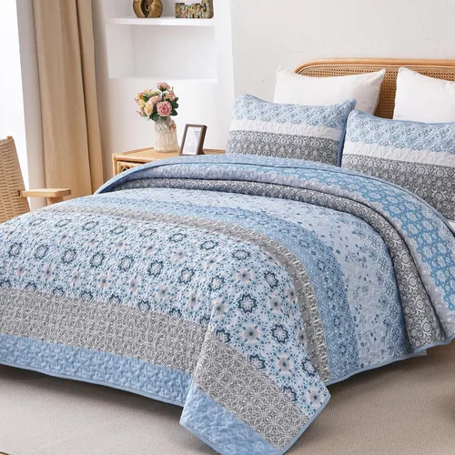 WONGS BEDDING Juego de edredón bohemio tamaño Queen, juego de colcha de retazos a rayas bohemias aguamarina con 2 fundas de almohada, juego de ropa