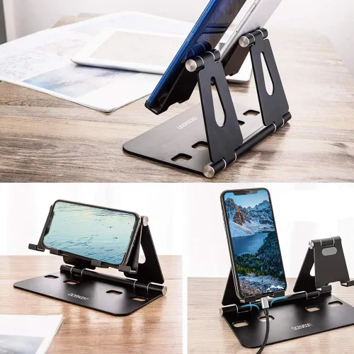 Miniatura 7 de aceyoon Soporte ajustable para tableta, soporte para iPad/teléfono celular para escritorio, soporte de aleación de aluminio para 2 teléfonos o una
