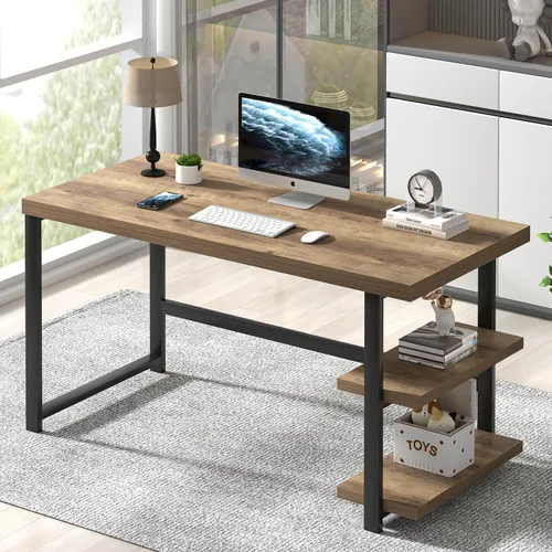 FOLUBAN Escritorio para computadora, escritorio de oficina en casa de madera y metal con estantes de almacenamiento, pequeña mesa de escritura de