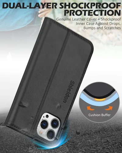 Miniatura 6 de SHIELDON Funda para iPhone 13 Pro Max 5G, Funda de Cartera de Cuero Genuino Magnética Folio a Prueba de Golpes con Soporte Kickstand Portador