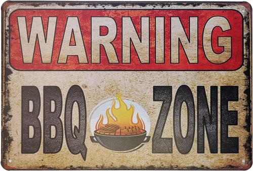 ERLOOD Letreros de hojalata vintage de Warning BBQ Zone para exteriores, póster de pared de metal retro, decoración de cueva de hombre, letrero de