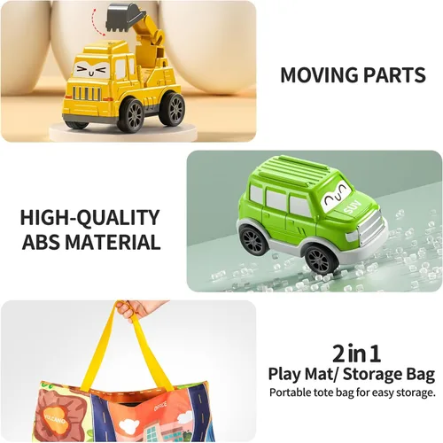 Miniatura 6 de TEMI - Juguetes de coches tirados para niños pequeños de 1, 2, 3 años para niños y niñas, 12 piezas de juguetes de coches para bebés con alfombrilla