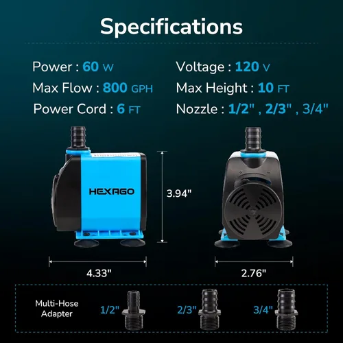 Miniatura 2 de Hexago Bomba sumergible de 800 GPH, bombas de fuente de agua ultra silenciosas con elevación de 10 pies, cable de alimentación de 6 pies, 3