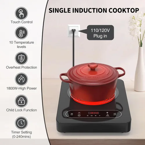 Miniatura 4 de VBGK - Cocina eléctrica de un solo quemador, estufa eléctrica de 110 V y 1800 W con control táctil LED, 10 niveles de potencia, temporizador de 4 h
