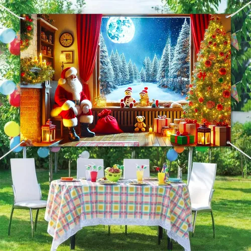 Miniatura 6 de BlissYard Pancarta Navideña para Ventana 71x43 Pulgadas Telón de Fondo de Noche Nevada con Chimenea de Santa, Árbol, Regalos, Farol, Cortina Roja