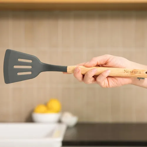 Miniatura 6 de Juego de utensilios de cocina de silicona compactos, 12 piezas con soporte, herramientas resistentes al calor sin BPA con asas de madera de haya