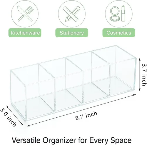 Miniatura 2 de elysolpluv Caja organizadora de acrílico transparente con 4 compartimentos, grande (8.7 x 3.0 x 3.7 pulgadas), hecha a mano, ecológica, embalaje