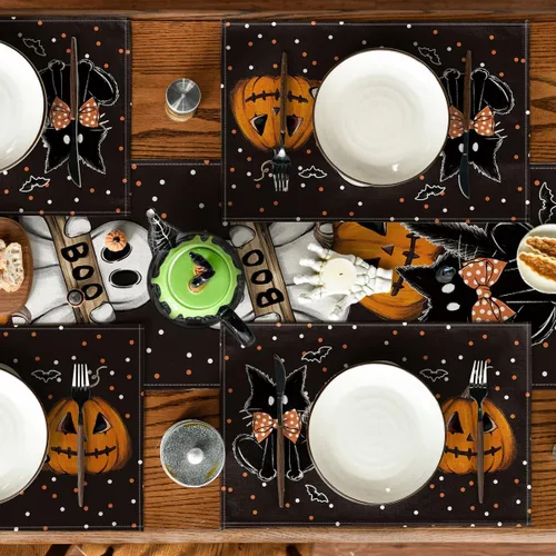 Miniatura 4 de Artoid Mode Juego de 6 manteles individuales de Halloween, diseño de lunares, fantasma, calabaza, gato, Boo, Halloween, 12 x 18 pulgadas