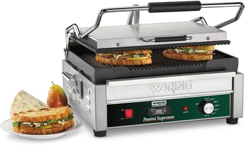 Waring Panini Supremo WPG250TB comercial Panini Supremo - Parrilla Panini acanalada, con temporizador de cuenta regresiva de 20 minutos, 208 V, 2800