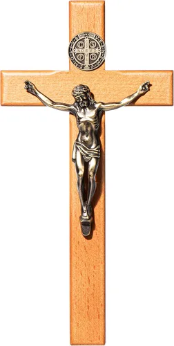 Miniatura 8 de ACHIBANG Crucifijo católico de madera de 10 pulgadas con medalla de Jesús y San Benito, decoración religiosa de madera natural para sala de oración