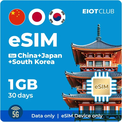 eSIM para China continental, Japón, Corea, Hong Kong, Macao, Taiwán, 1GB por 30 días - Red 5G/4G de alta velocidad eSIM prepaga en países asiáticos,