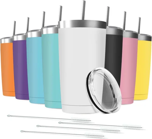 Miniatura 16 de Paquete de 6 Vasos Térmicos de Acero Inoxidable de 20 oz con Pajita y Tapa, Taza de Café de Viaje de Doble Pared con Aislamiento al Vacío, Vaso