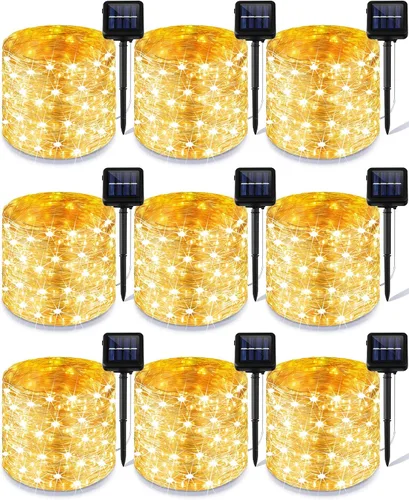 Treela Paquete de 9 tiras de luces solares para exteriores, 39 pies, 100 luces LED para exteriores, alambre de cobre, 8 modos, luces solares