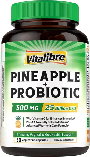 Vitalibre Piña + probiótico, 300 mg, 25 mil millones de UFC, 13 cepas, vitamina C natural, potentes antioxidantes, para inmunidad, vaginal, salud