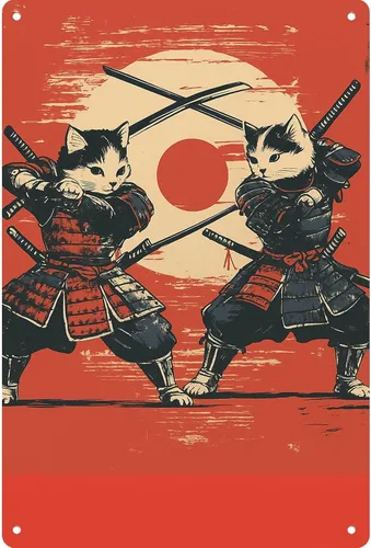 Samurai Cat Vintage Funny Metal Sign Retro Kitchen Bedroom Living Room Signs 8x12 Inch Wall Decor Posters for Traveler Bathroom Garden Garage