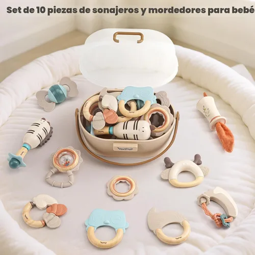 Miniatura 4 de Juego de sonajeros y mordedores para bebés de 0 a 6 meses, juguetes de dentición de 3 a 6 meses, juguetes sensoriales con texturas suaves, sonidos